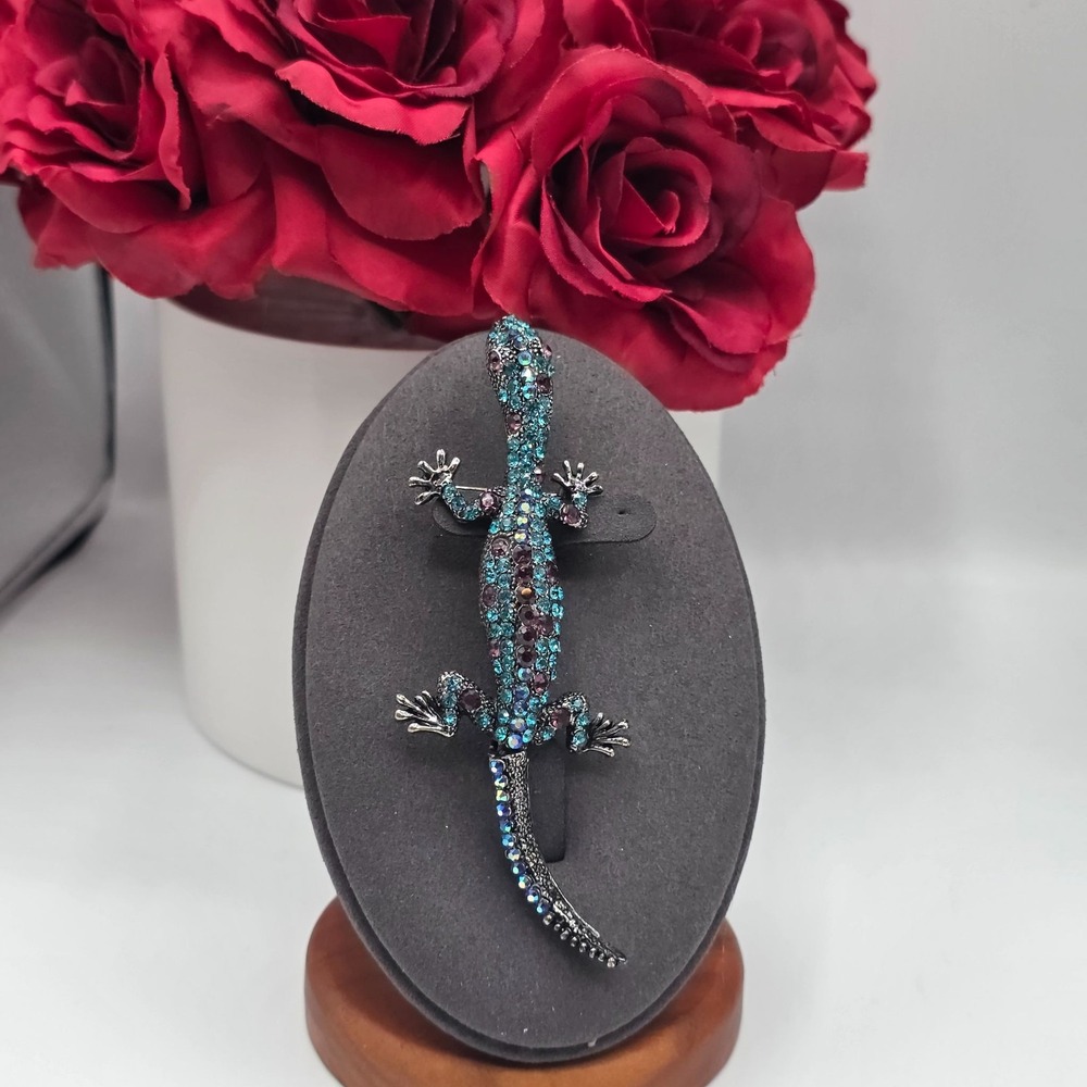 Crystal Gecko Lizard Brooch Pin Rhinestone Blue Pink Silver Tone Fashion Jewelry